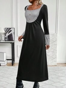 SHEIN LUNE Women's Color Block Square Collar Button Detail Dress - Black - View 3