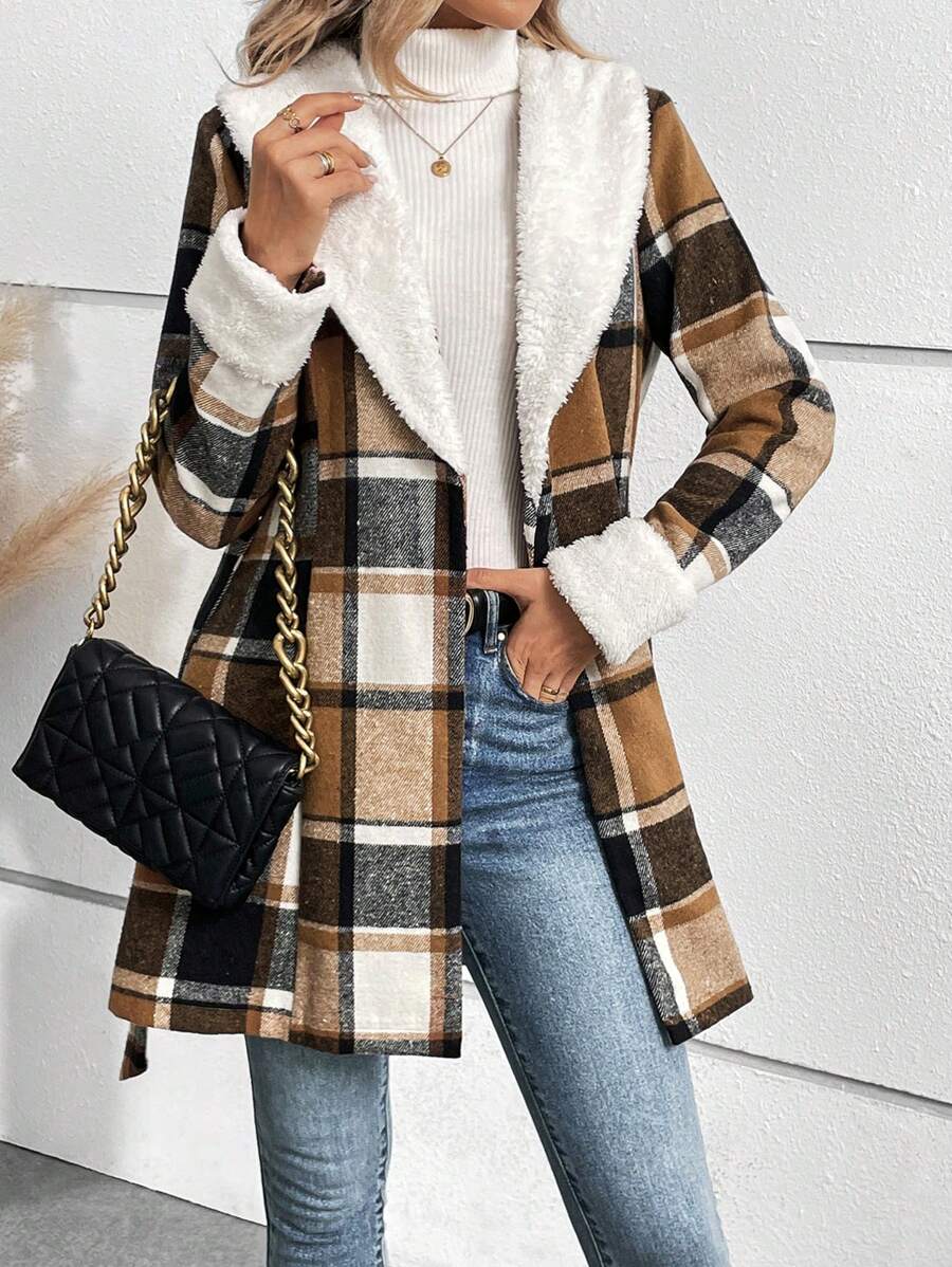 SHEIN LUNE 女款秋冬加厚格紋羊毛大衣 - 咖啡棕 - 查看 1