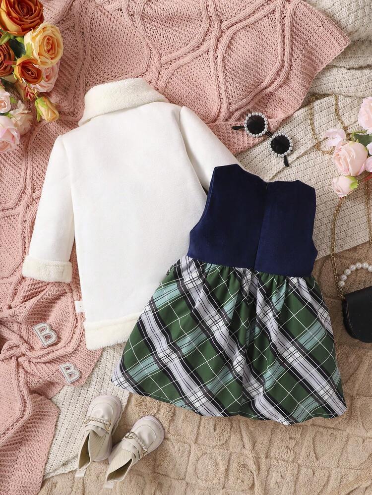 Baby Girls' Plaid Dress And Fuzzy Decorated Coat Set