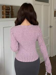 Dazy Star 女式纽扣领拼色罗纹 T 恤长袖女式上衣，秋季女装 - 粉色 - 查看 7