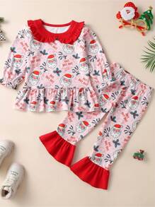 少女聖誕印花擴袖波浪邊上衣&擴腿褲 - 粉色 - 查看 1