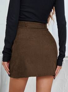 SHEIN LUNE 女款帶有對角口袋的純色鈕扣前開裙 - 咖啡棕 - 查看 2