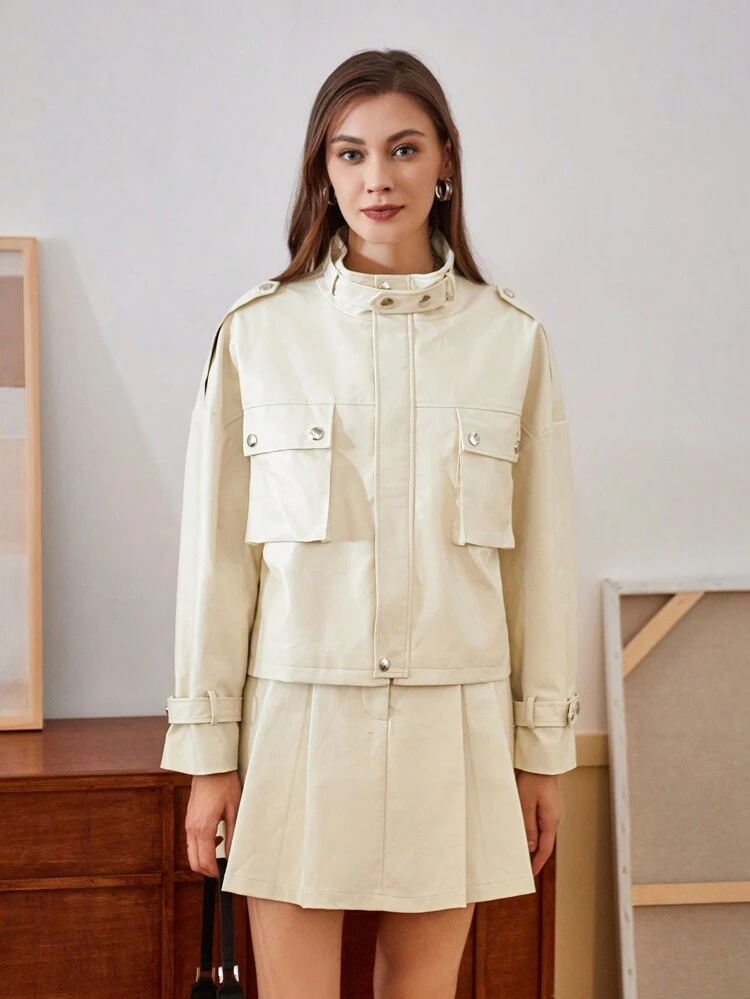 Women'S Drop Shoulder Jacket With Flap Pockets And Skirt Set Fall Cloth For Women