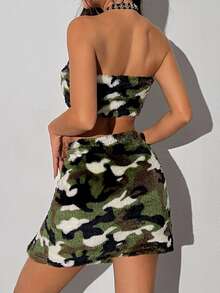 SHEIN Unity 女士迷彩印花毛絨管頂兩件套裝 - 軍綠色 - 查看 2