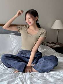 DAZY 女士纯色简约舒适家居服套装睡衣 - 綠色 - 查看 8