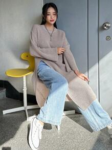 Dazy Star High-Slit Vòng cổ Dài Áo len - Màu Khaki - Xem 3