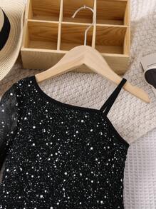SHEIN Young Girl Shiny Asymmetrical Party Dress Suitable For Party Attending,Holiday,Summer,Travel - Black - View 4