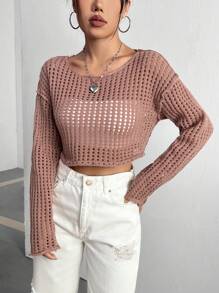 SHEIN Unity Women's Hollow Out Knit Drop Shoulder Cropped Sweater - Brown - View 4