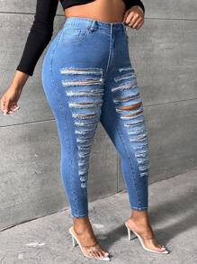 Slaydiva Plus High Waist Ripped Skinny Jeans - Blue - View 3