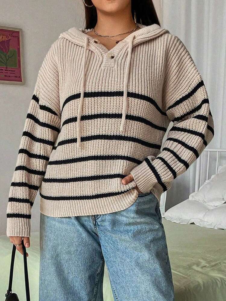 Women's Plus Size Striped Drop Shoulder Hooded Sweater With Drawstrings Knit Pullover Fall Winter Sweater