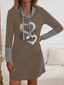 SHEIN LUNE Của phụ nữ In Trái tim Tay áo dài Dây rút Đầm - Màu nâu  Mocha - Xem 5