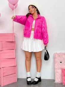 SHEIN EZwear Plus Size Side Pocket Zipper Padded Coat - Hot Pink - View 4