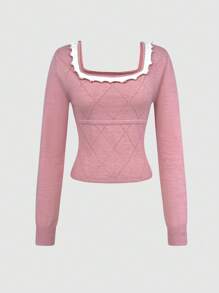 SHEIN Unity 粉色撞色修身针织套头衫秋冬毛衣 - 粉色 - 查看 1