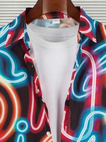 ROMWE MEN Street Life Men All Over Printed Turn-Down Collar Long Sleeve Shirt - Multicolor - View 3