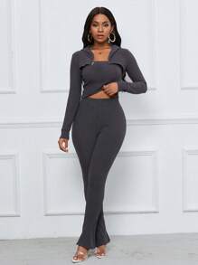 Zolique 3-teiliges Set für Damen bestehend aus Zip-Hoodie, Bandeau-Top und schlitzbesetzter ausgestellter Hose - Dunkelgrau - Übersicht 5