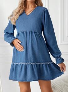 SHEIN Maternity Ruffle Sleeve Raw Edge Denim Dress - Light Wash - View 4