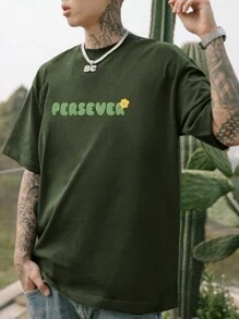 Hombres Camiseta de hombros caídos con estampado de slogan - Verde militar - Ver 3