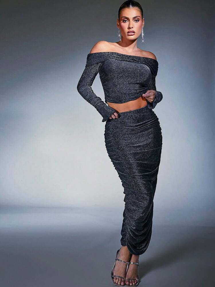 Glitter Off Shoulder Top & Skirt Two Piece Set