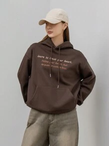 DAZY 女字母印花抽繩落肩連帽衫 - 棕色 - 查看 5