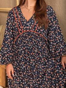 Rusttydustty Plus Size Loose Fit Side Split All-Over Printed Dress - Blue - View 6