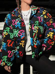 SHEIN EZwear Allover Letter Graphic Drop Shoulder Padded Coat - Multicolor - View 3