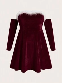 Flirla 大码长袖露肩撞色蓬松边饰天鹅绒连衣裙 - 酒紅色 - 查看 1
