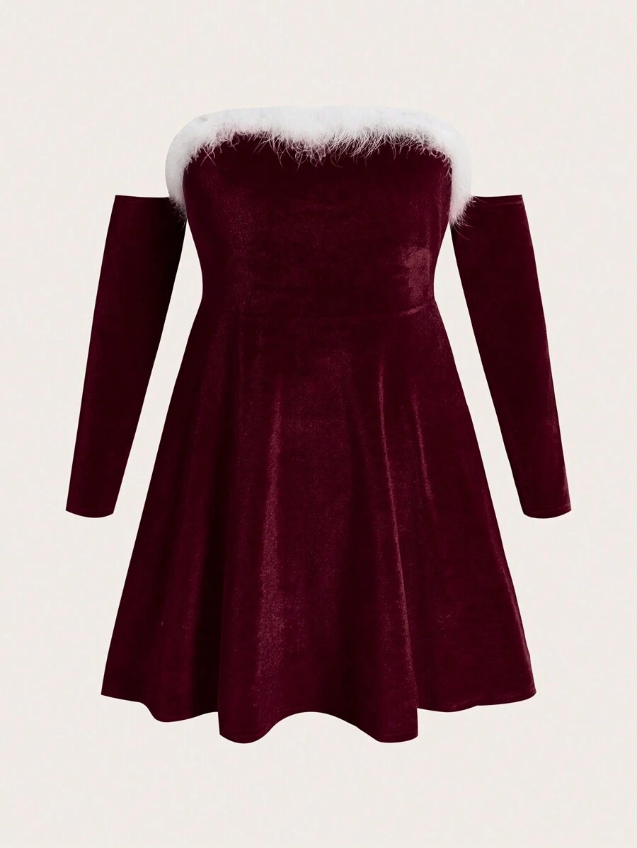 Flirla 大码长袖露肩撞色蓬松边饰天鹅绒连衣裙 - 酒紅色 - 查看 1