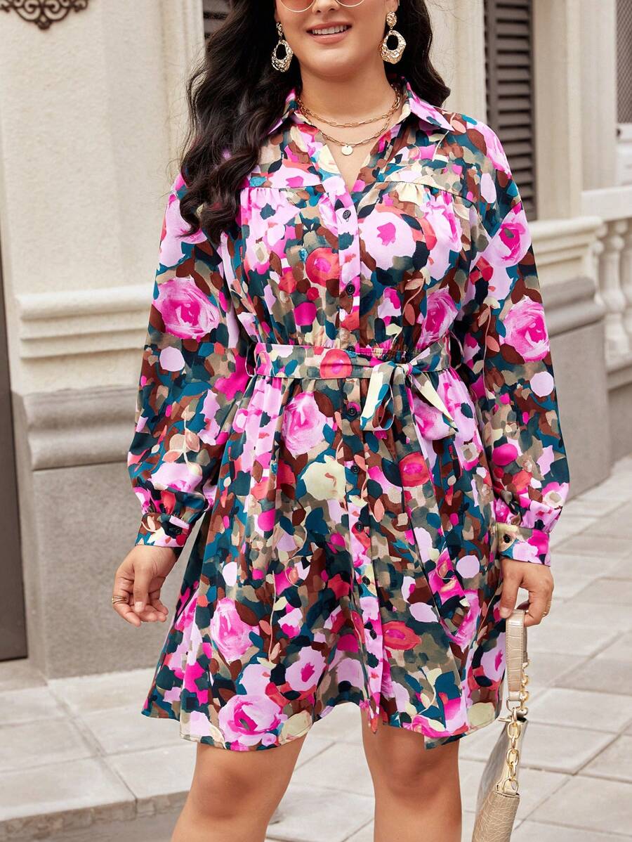 Franclia Plus Size Flower Printed Belted Dress - Multicolor - View 1