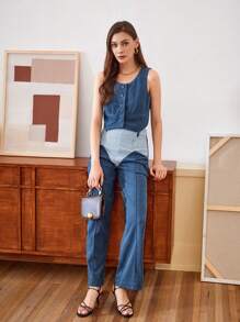 Anewsta 女式復古無袖上衣和長褲兩件套,拼接設計