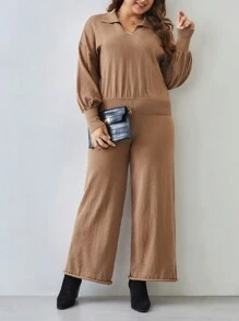 SHEIN Frenchy Women'S Plus Size Collared Sweater And Drawstring Knit Pants Set