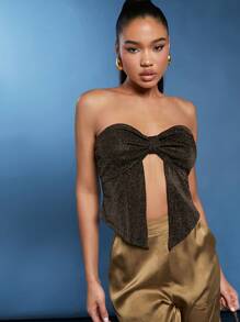 Hauture Glitter Pinstripe Bow Tube Top - Black - View 1