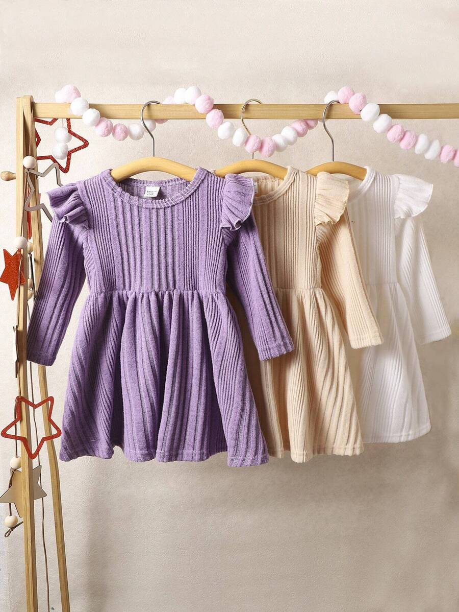 Baby Girls' New Arrival Casual Elegant Vintage Style Plush Soft Comfortable Long Sleeve Dress With Three Colors In One Set, Autumn And Winter - Multicolor - View 1