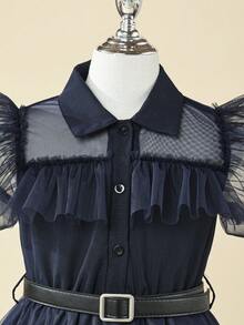 Vestido de fiesta con mangas con volantes y capas de tul para niñas preadolescentes - Azul Marino - Ver 4