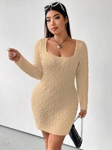 Flirla 大尺碼女款時尚方領喇叭形針織毛衣連身裙 - 杏色 - 查看 5