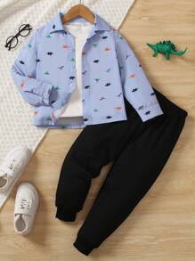 SHEIN Toddler Boys' Dinosaur Printed Button-front Shirt For Spring And Autumn - Multicolor - View 1