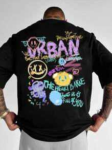 Manfinity EMRG 男士寬鬆款卡通及標語圖案下垂肩T卹，夏季 - 黑色 - 查看 1