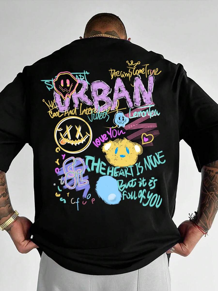 Manfinity EMRG 男士寬鬆款卡通及標語圖案下垂肩T卹，夏季 - 黑色 - 查看 1