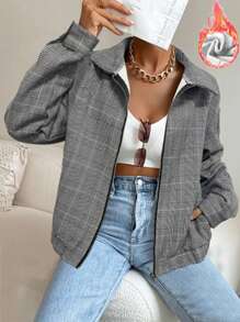 SHEIN LUNE Plaid Print Zip Up Drop Shoulder Jacket - Black and White - View 1