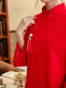 2023年冬季風厚羊毛外套女,新娘紅色修身旗袍連衣裙和及膝裙,適用於新年慶祝