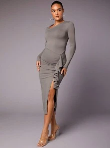 SHEIN BAE Asymmetrical Neck Ruffle Trim Split Thigh Dress - Grey - View 5