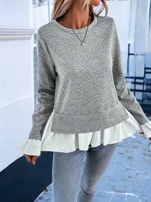 SHEIN LUNE Ladies' Color Blocking Fabric Ruffle Sleeve Sweatshirt Pullover Fall Outfit