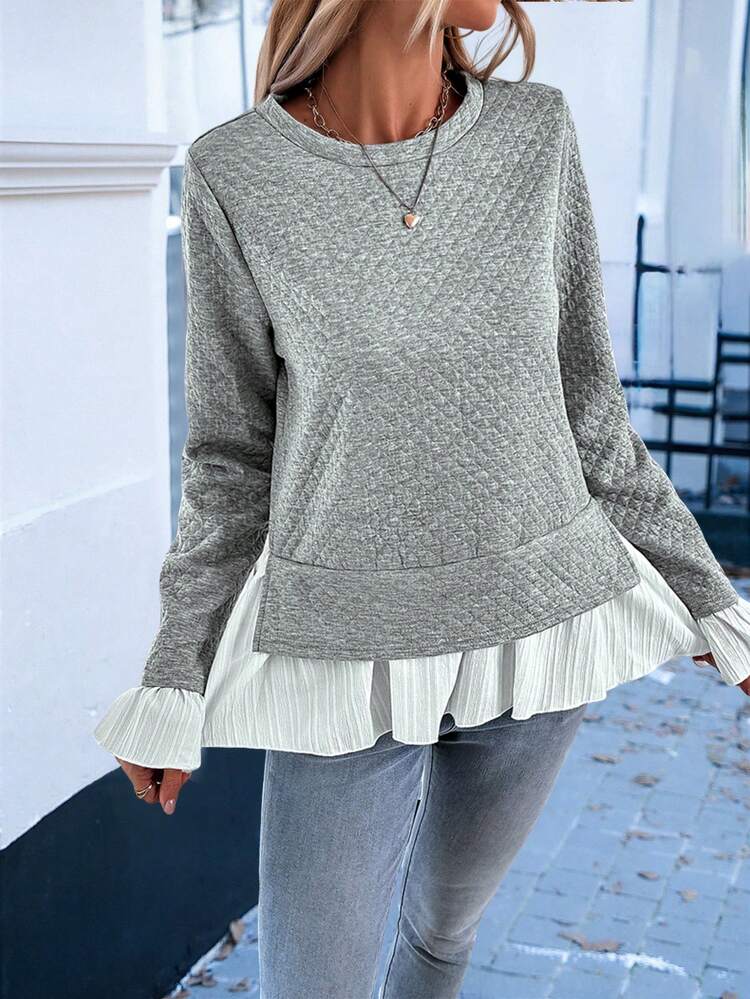 Ladies' Color Blocking Fabric Ruffle Sleeve Sweatshirt Pullover Fall Sweatshirt