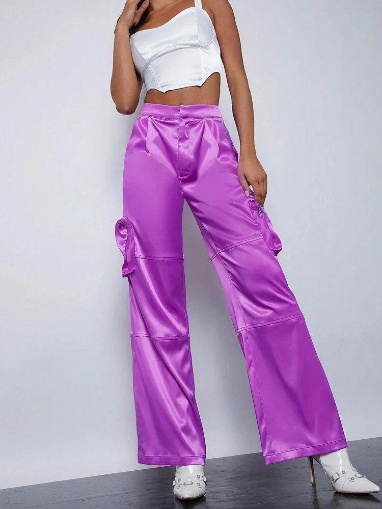 Zip Cargo Pocket Side Satin Pants