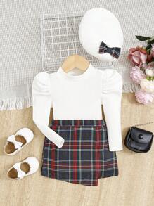 SHEIN Baby Girls' French Vintage Style Knitted Leg-Of-Mutton Sleeve Top & Checked Skirt Set With Elastic Waist And Hat - Multicolor - View 1