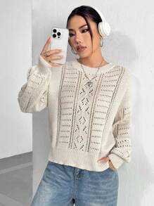 SHEIN Unity Mesh Knit Drop Shoulder Crew Neck Knit Pullover Fall Winter Sweater - Apricot - View 6