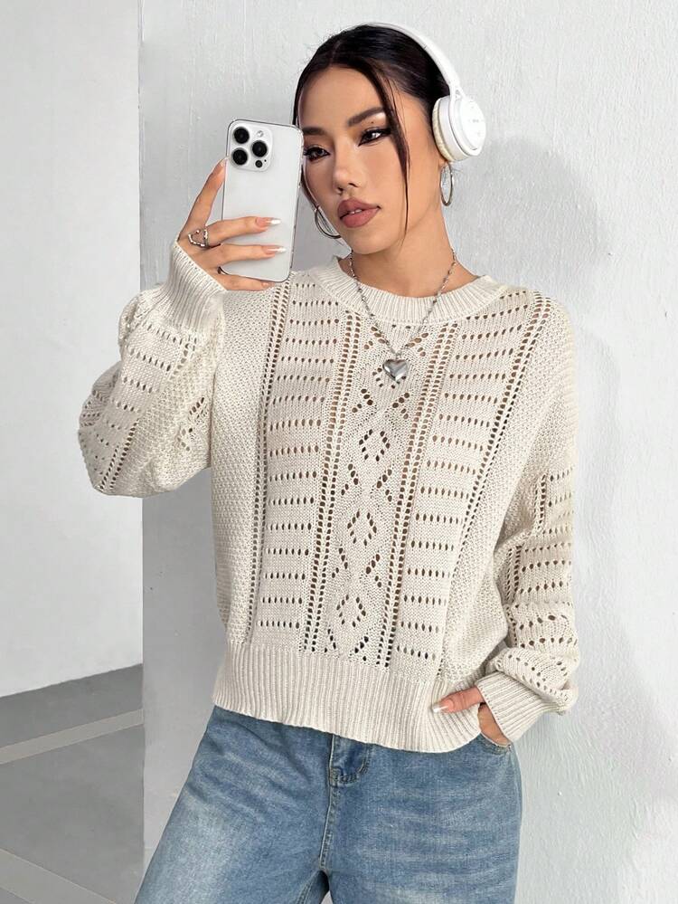 Mesh Knit Drop Shoulder Crew Neck Knit Pullover Fall Winter Sweater