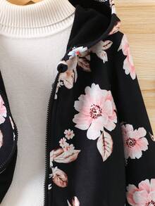 SHEIN 1件女童花卉印花連帽外套,適用於度假風格,秋冬季節 - 黑色 - 查看 4