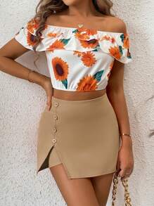 SHEIN Privé 女士側鈕裝飾安全褲短裙 - 卡其色 - 查看 4