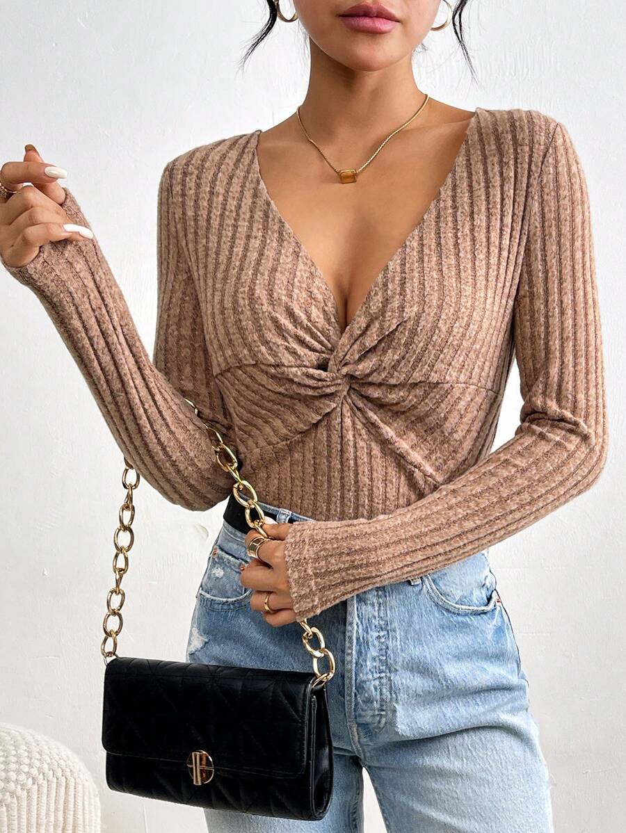 SHEIN Frenchy 女士打結前短t恤 - 摩卡棕 - 查看 1