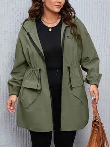 SHEIN LUNE 大碼女式束口腰帽套外套 - 軍綠色 - 查看 4
